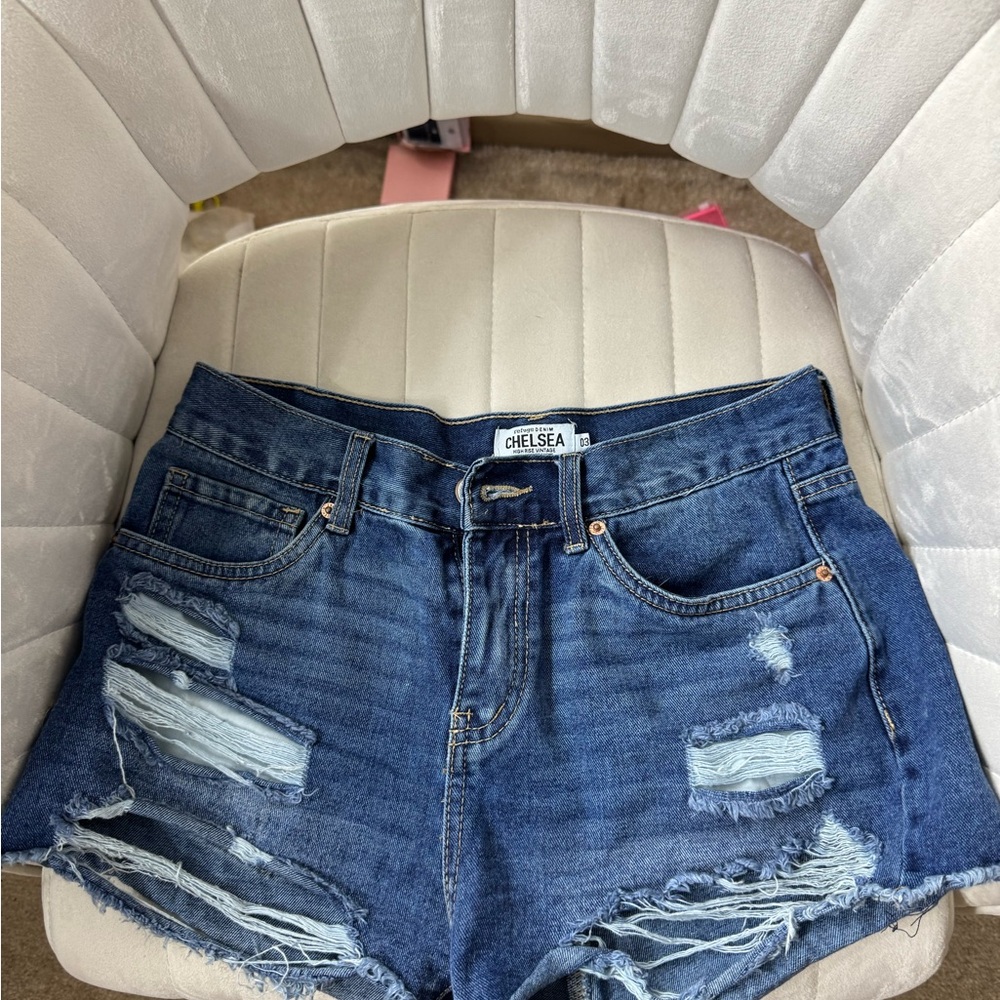 Blue Distressed Jean Shorts with Raw Hem